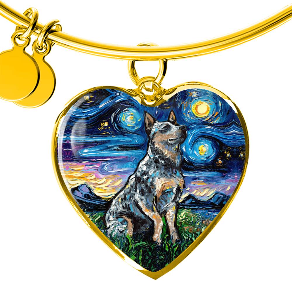 Blue Heeler Portrait Starry Night Heart Bangle Bracelet