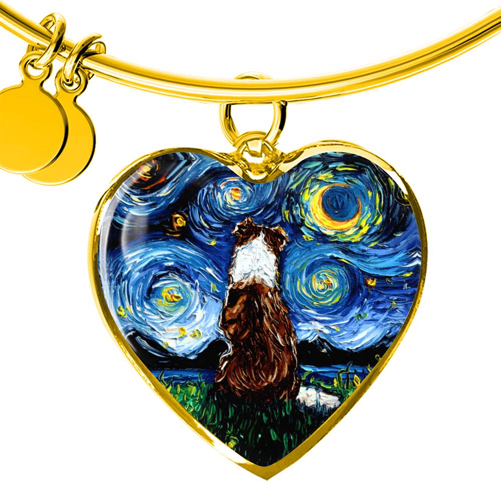 Red Border Collie Starry Night Heart Bangle Bracelet