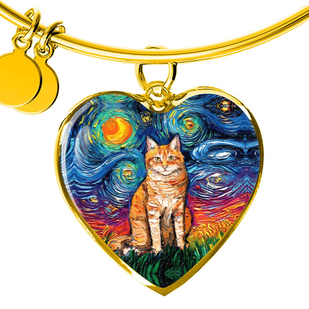 Seated Orange Tabby Cat Starry Night Heart Bangle Bracelet