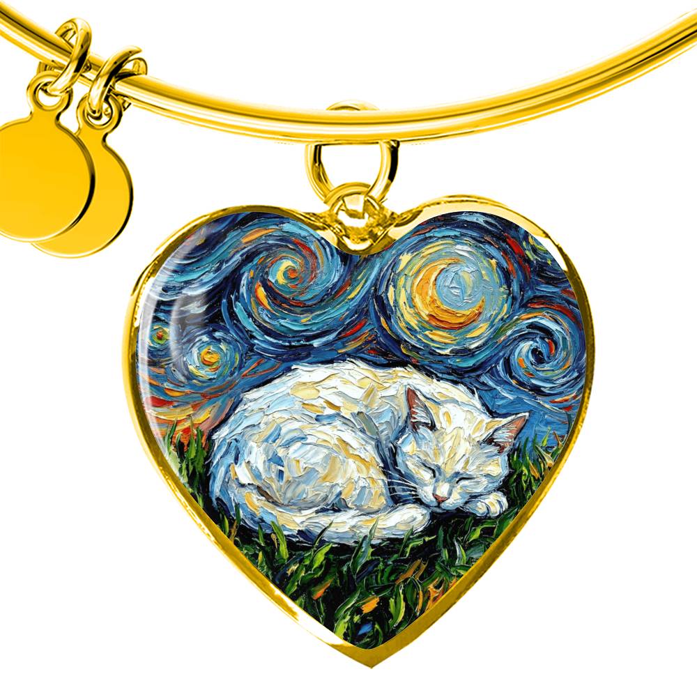 Sleepy White Cat Night Heart Bracelet
