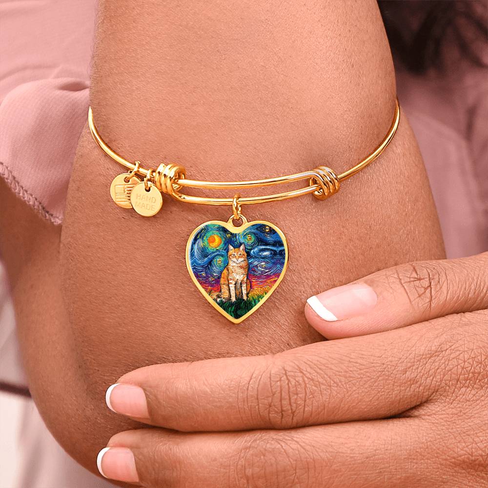 Seated Orange Tabby Cat Starry Night Heart Bangle Bracelet