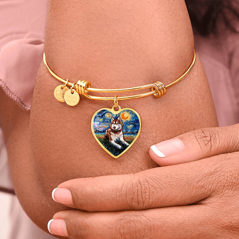 Red and White Husky Starry Night Heart Bangle Bracelet