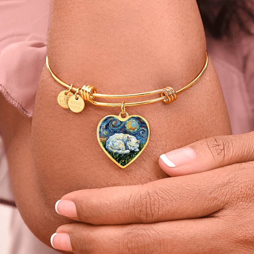 Sleepy White Cat Night Heart Bracelet