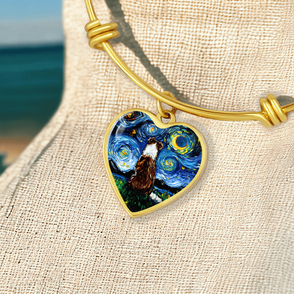 Red Border Collie Starry Night Heart Bangle Bracelet