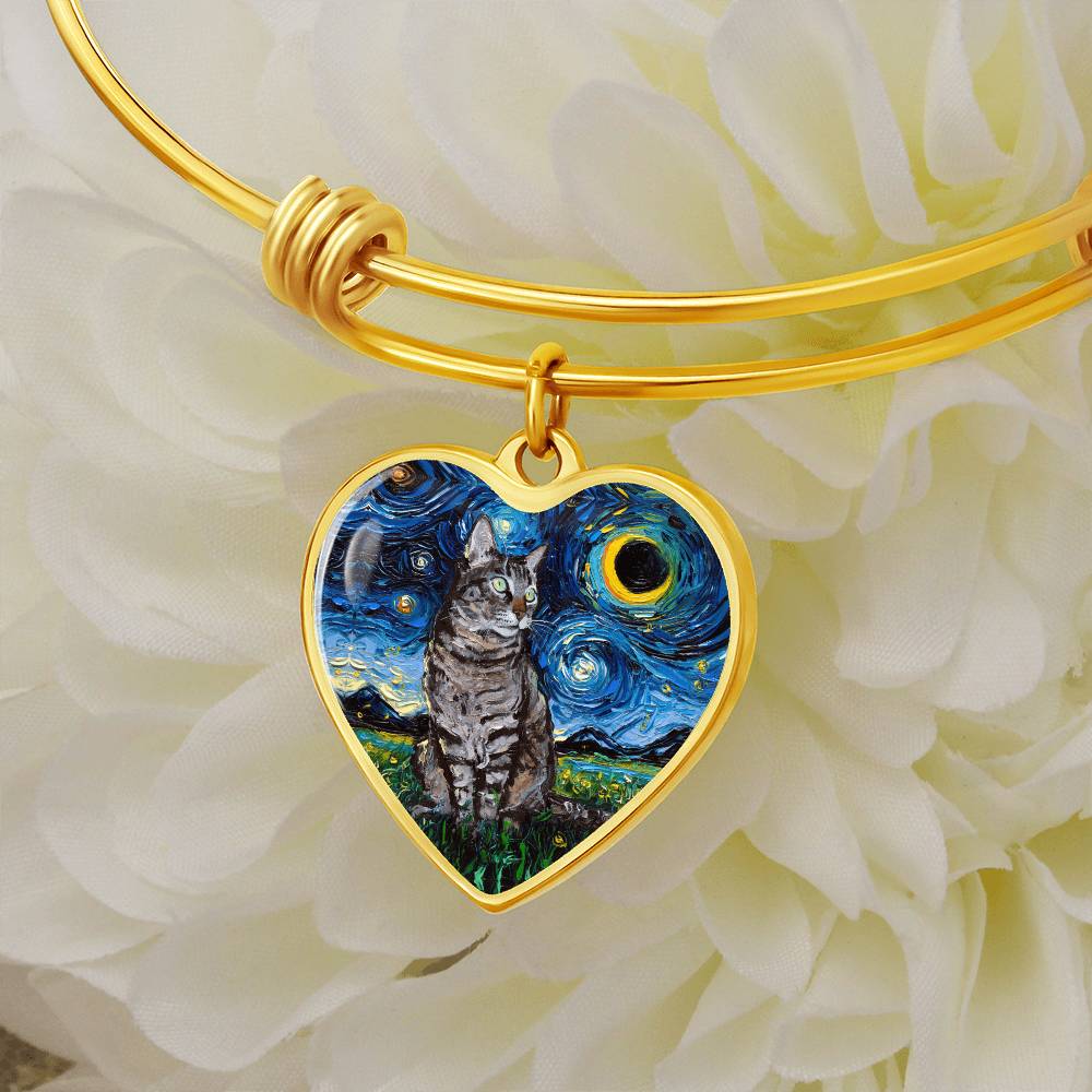 Tabby Cat Starry Night Heart Bangle Bracelet