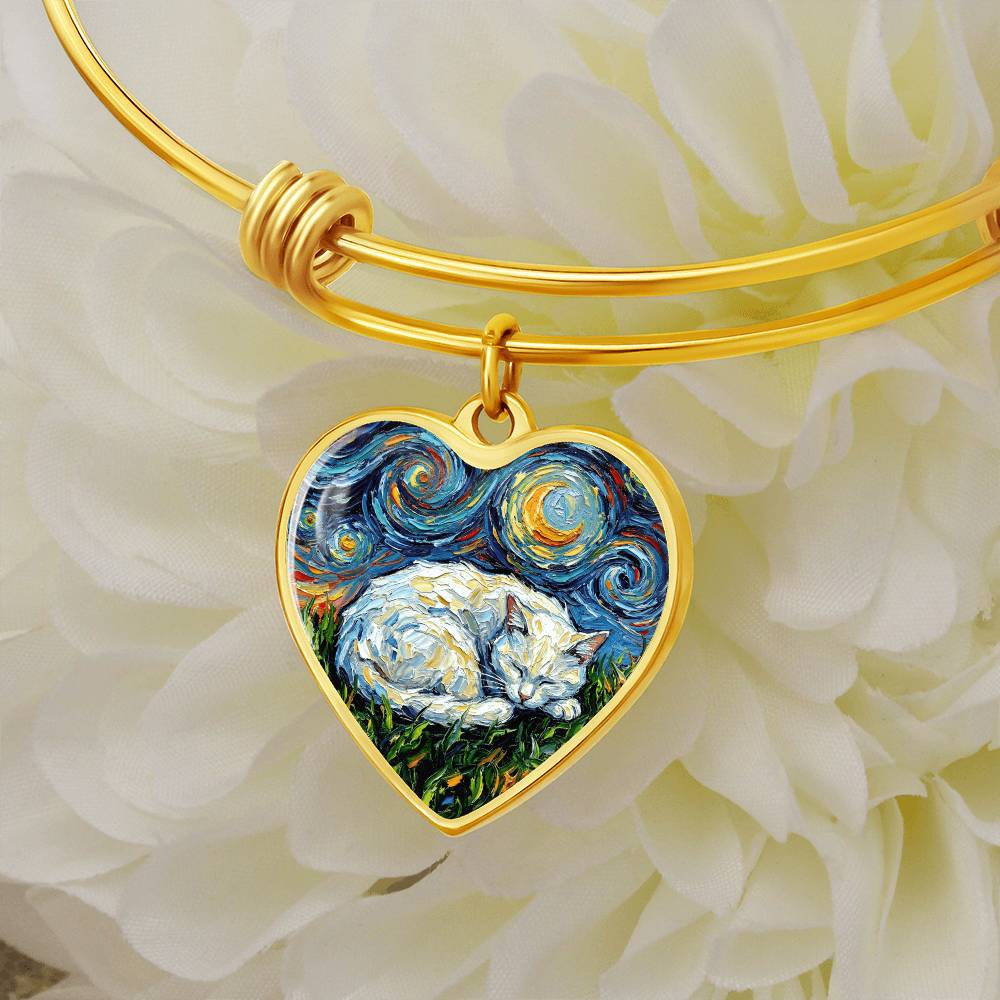 Sleepy White Cat Night Heart Bracelet