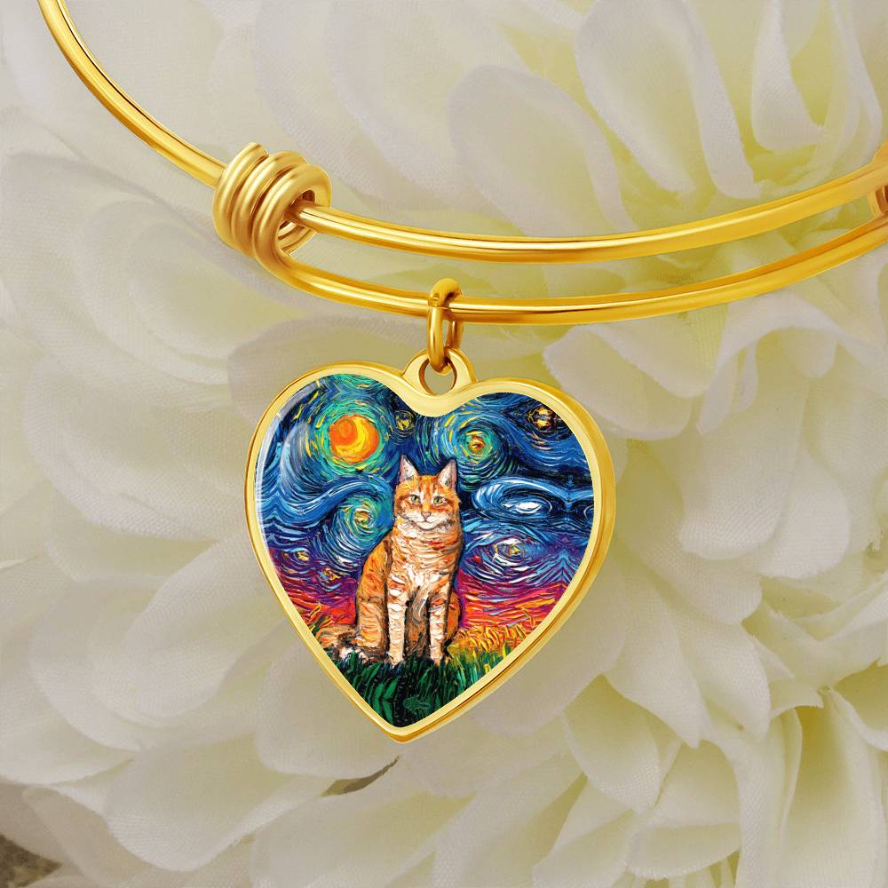 Seated Orange Tabby Cat Starry Night Heart Bangle Bracelet