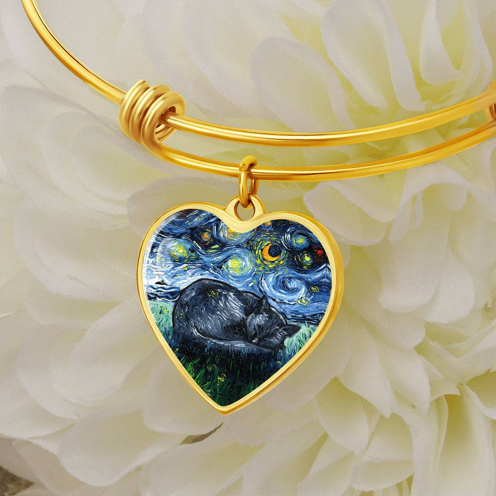 Sleeping Black Cat Starry Night Heart Bangle