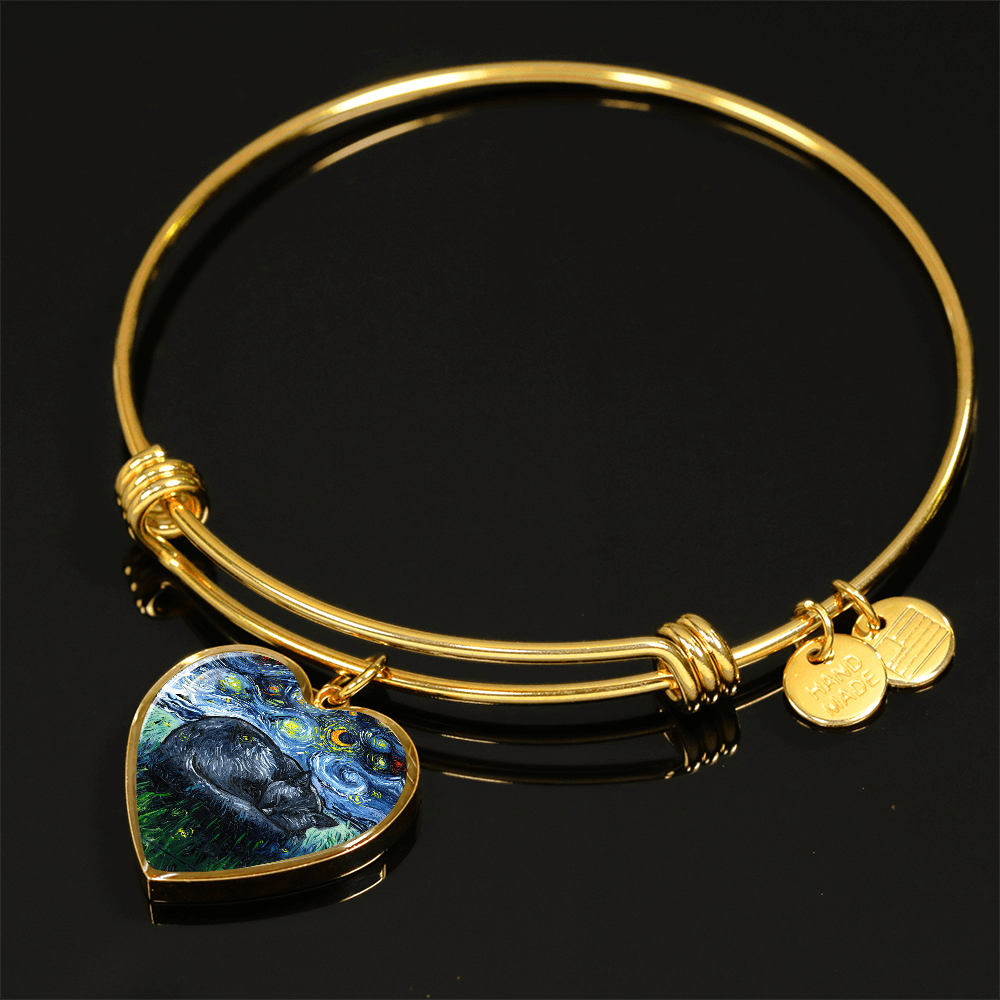 Sleeping Black Cat Starry Night Heart Bangle