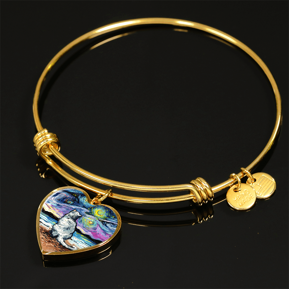 White Cat Starry Night Heart Bangle Bracelet