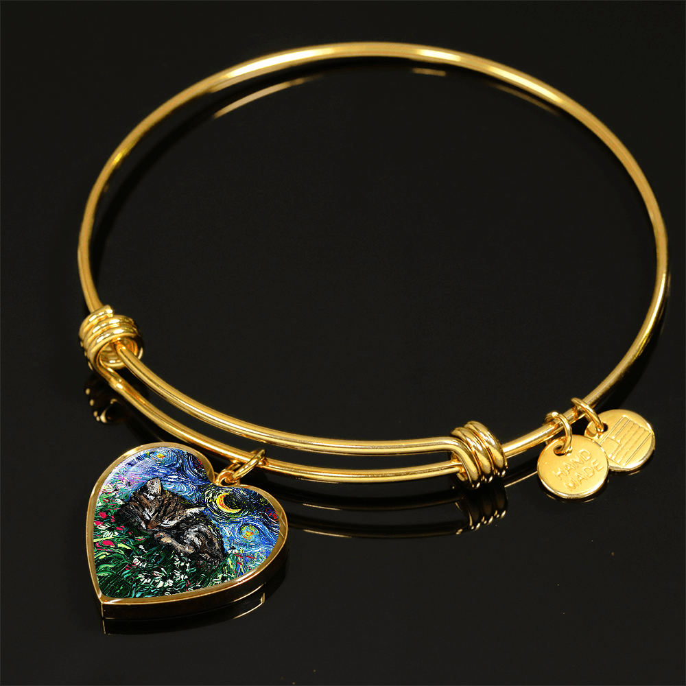 Sleeping Tabby Kitten Starry Night Heart Bangle