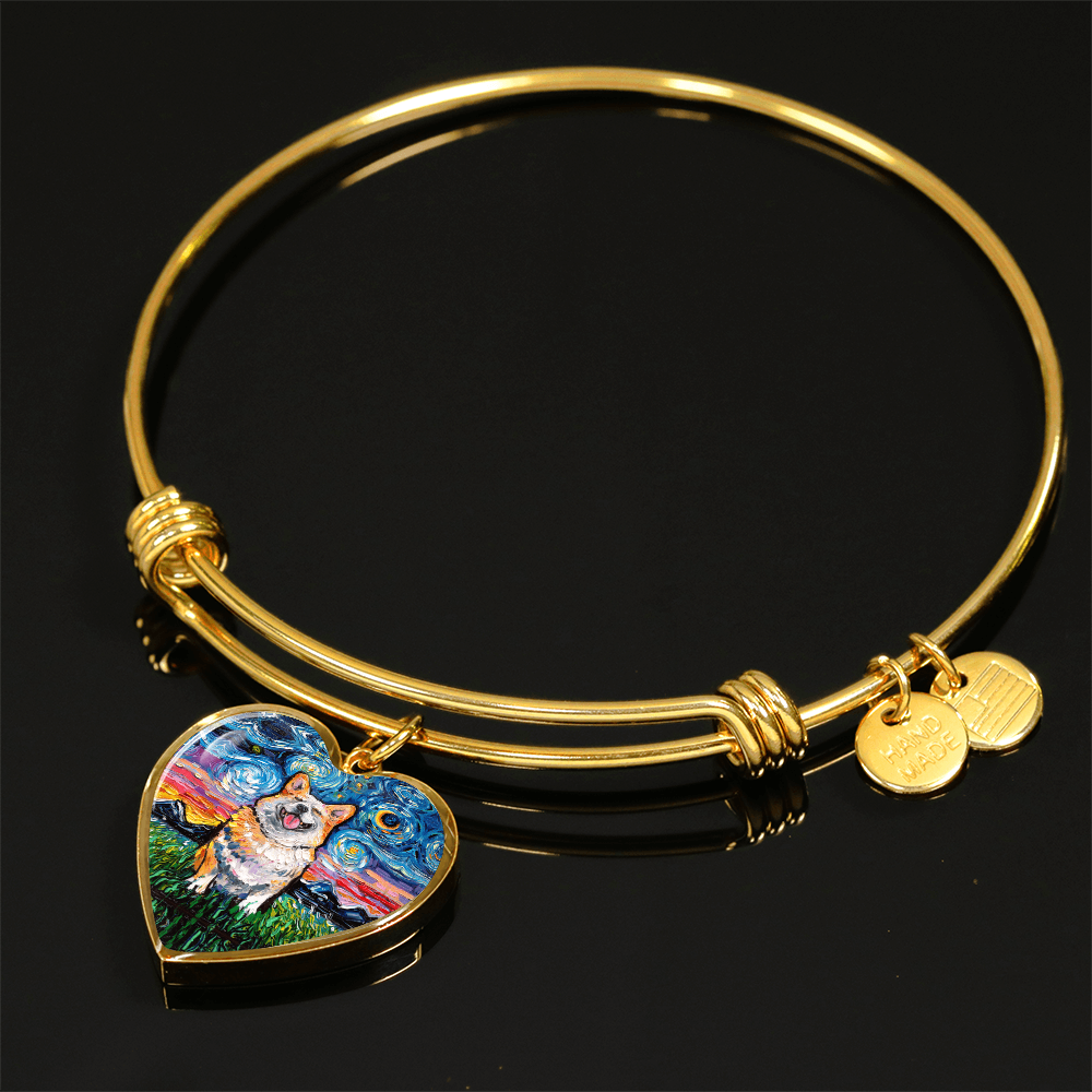 Smiling Corgi Starry Night Heart Bangle Bracelet