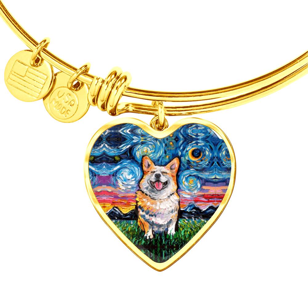 Smiling Corgi Starry Night Heart Bangle Bracelet