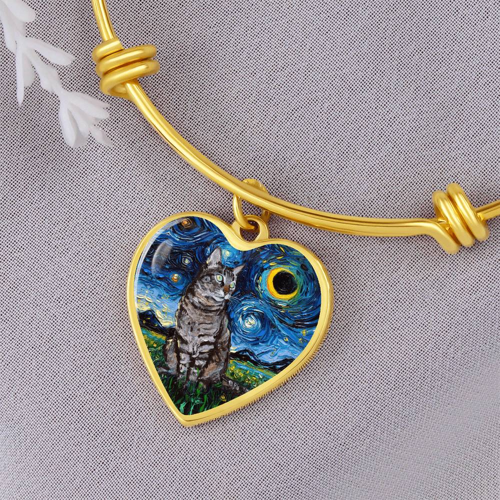 Tabby Cat Starry Night Heart Bangle Bracelet