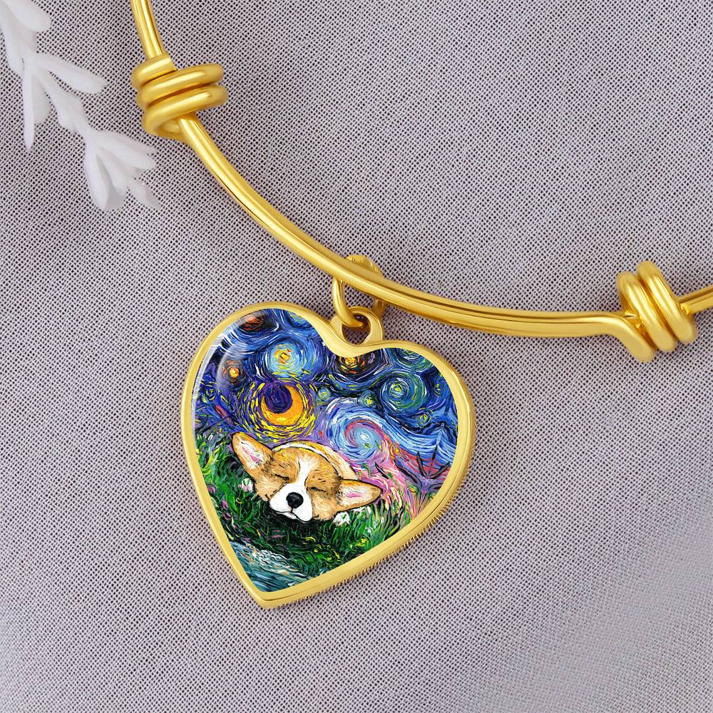 Sleeping Corgi Starry Night Heart Necklace