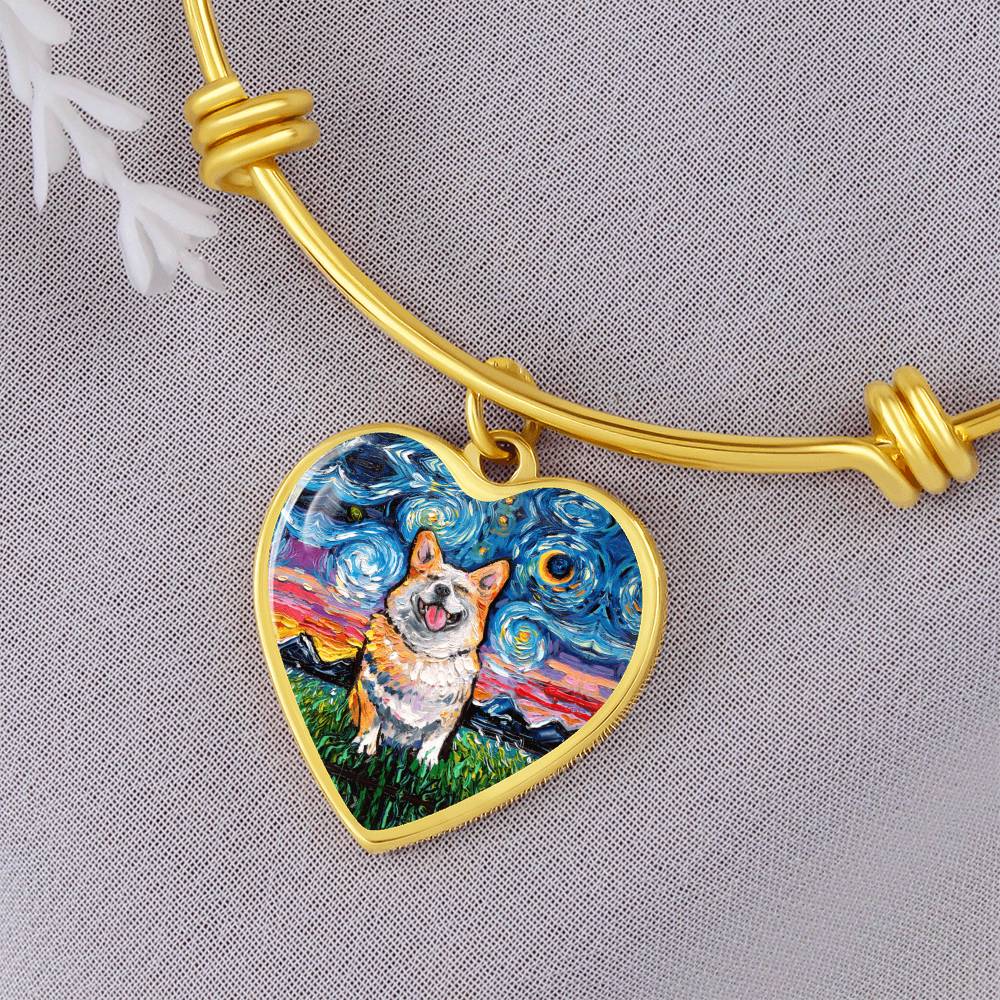 Smiling Corgi Starry Night Heart Bangle Bracelet
