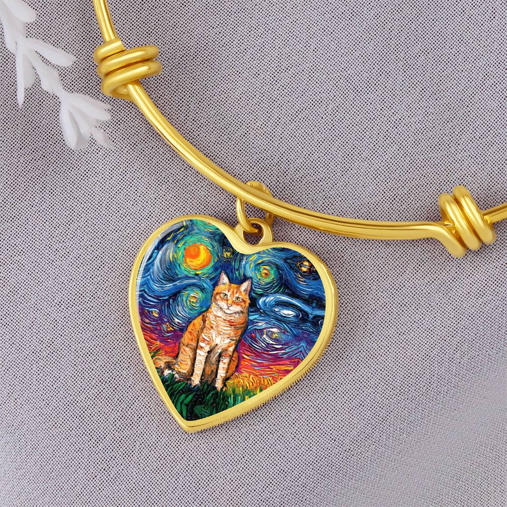 Seated Orange Tabby Cat Starry Night Heart Bangle Bracelet