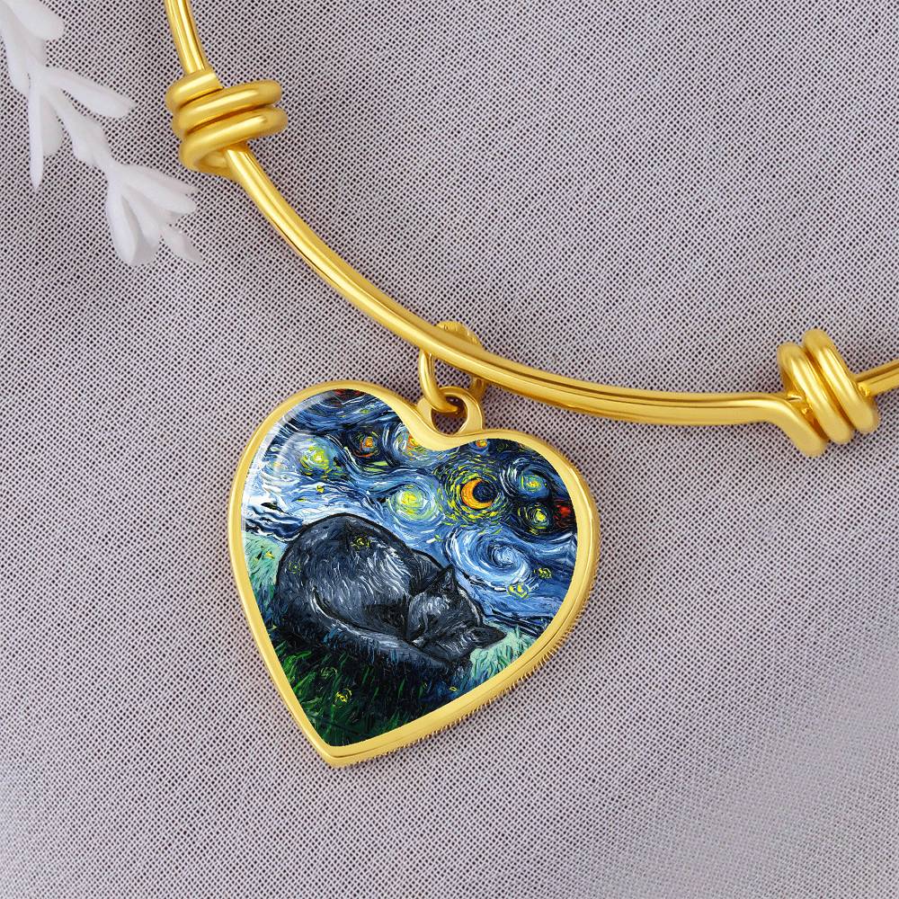 Sleeping Black Cat Starry Night Heart Bangle