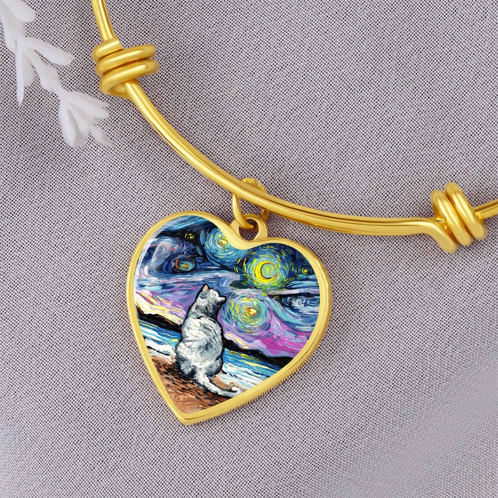 White Cat Starry Night Heart Bangle Bracelet