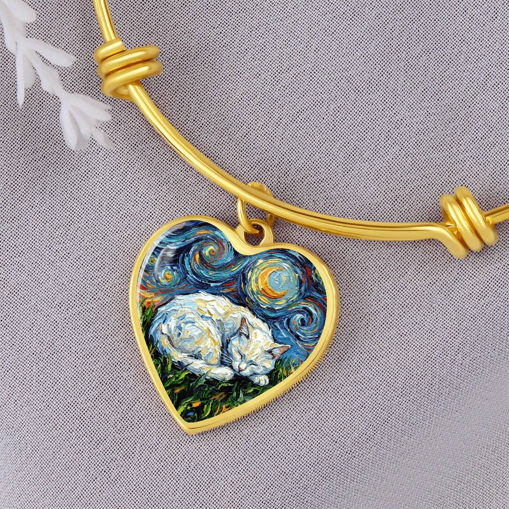 Sleepy White Cat Night Heart Bracelet