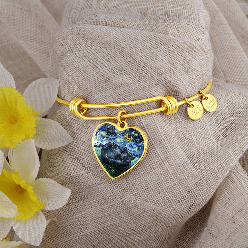 Sleeping Black Cat Starry Night Heart Bangle