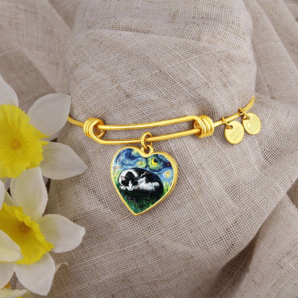 Sleeping Tuxedo Cat Starry Night Heart Bangle