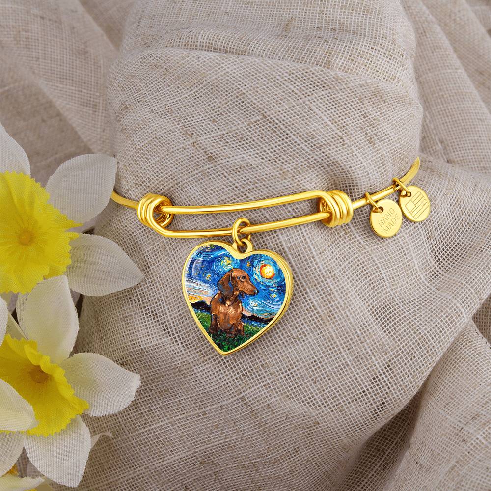 Brown Dachshund Starry Night Heart Bangle Bracelet
