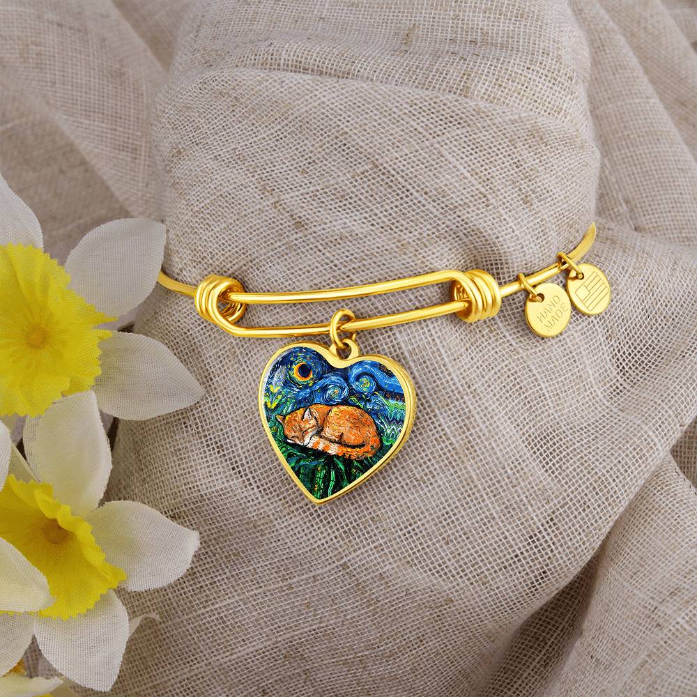 Sleeping Orange Tabby Cat Starry Night Heart Bangle Bracelet