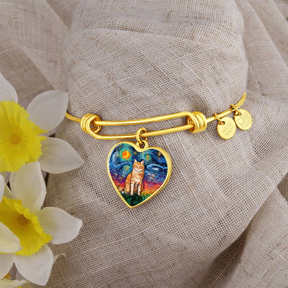 Seated Orange Tabby Cat Starry Night Heart Bangle Bracelet