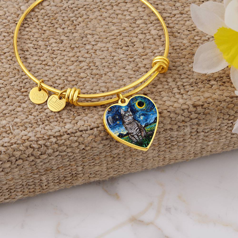Tabby Cat Starry Night Heart Bangle Bracelet