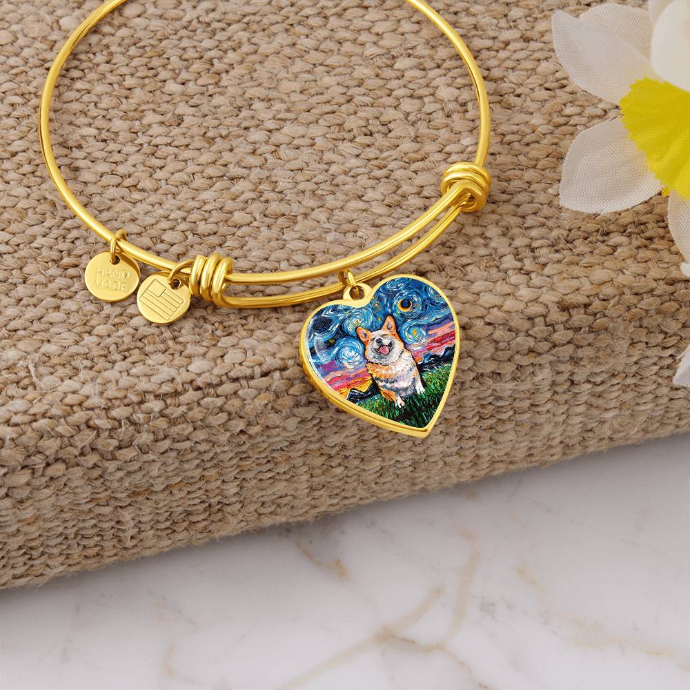 Smiling Corgi Starry Night Heart Bangle Bracelet