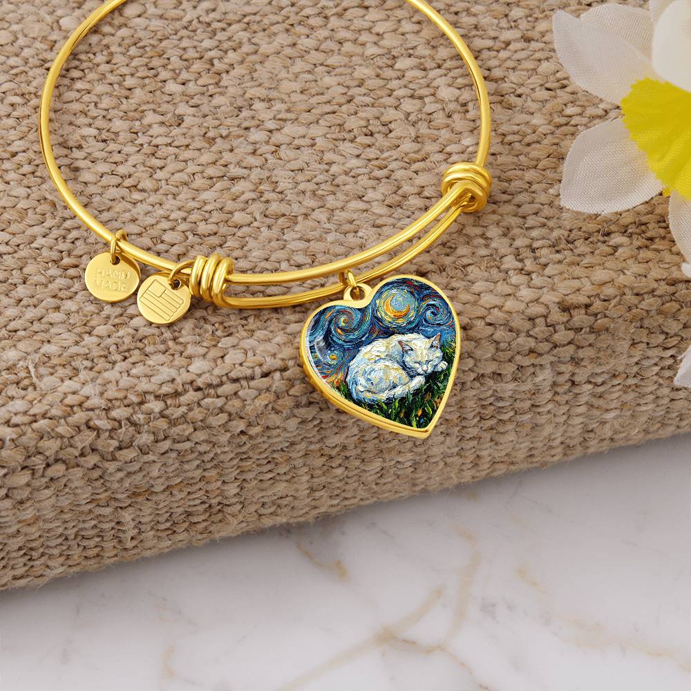 Sleepy White Cat Night Heart Bracelet