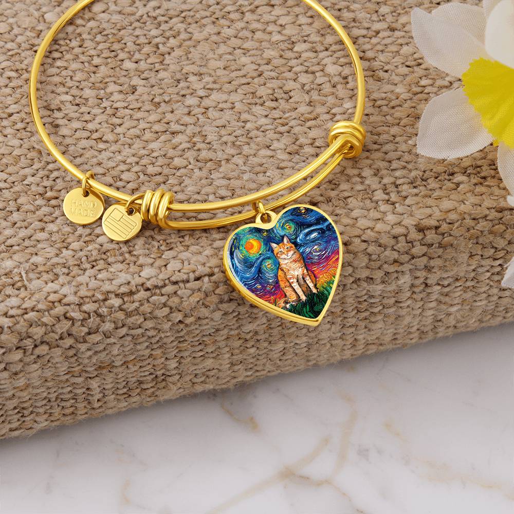 Seated Orange Tabby Cat Starry Night Heart Bangle Bracelet