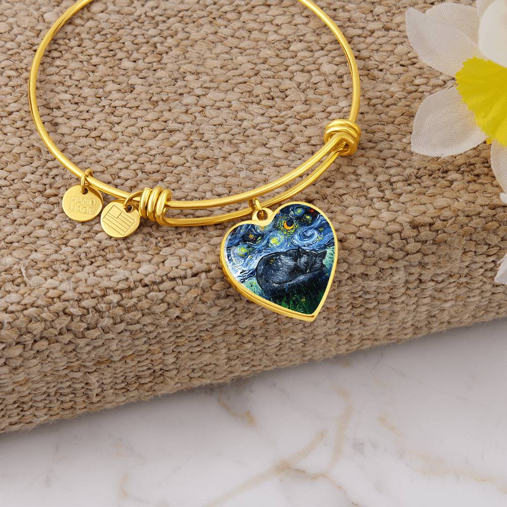 Sleeping Black Cat Starry Night Heart Bangle
