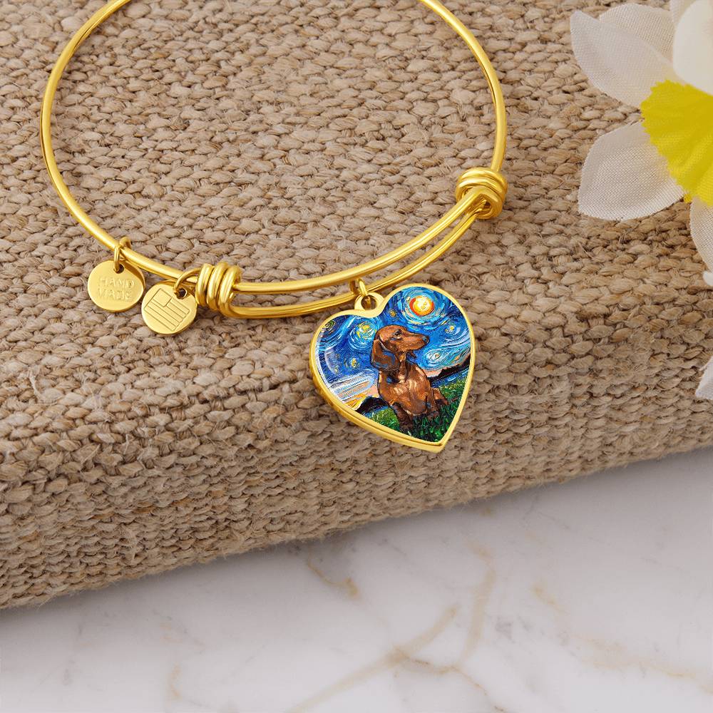 Brown Dachshund Starry Night Heart Bangle Bracelet