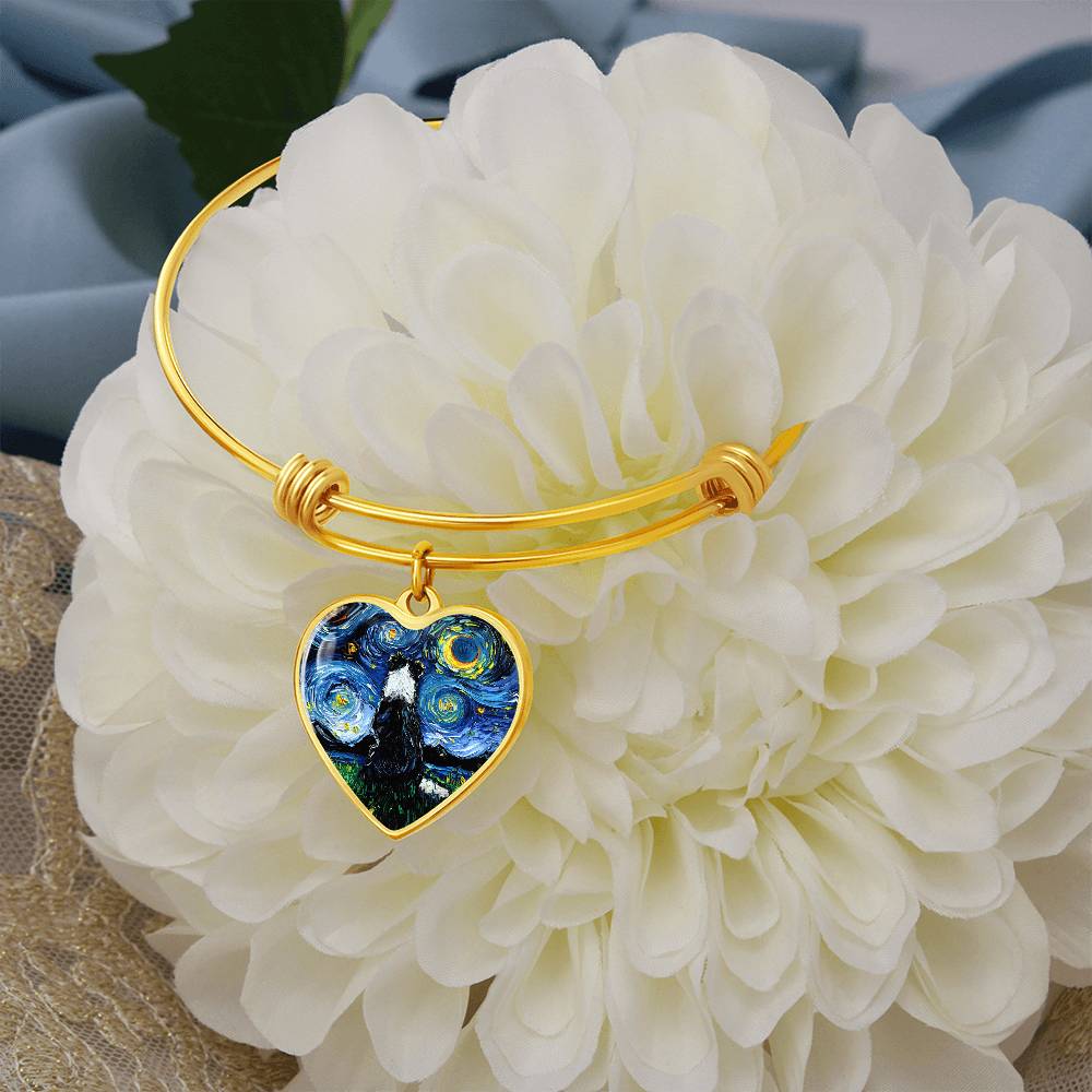 Border Collie Back Starry Night Heart Bangle Bracelet