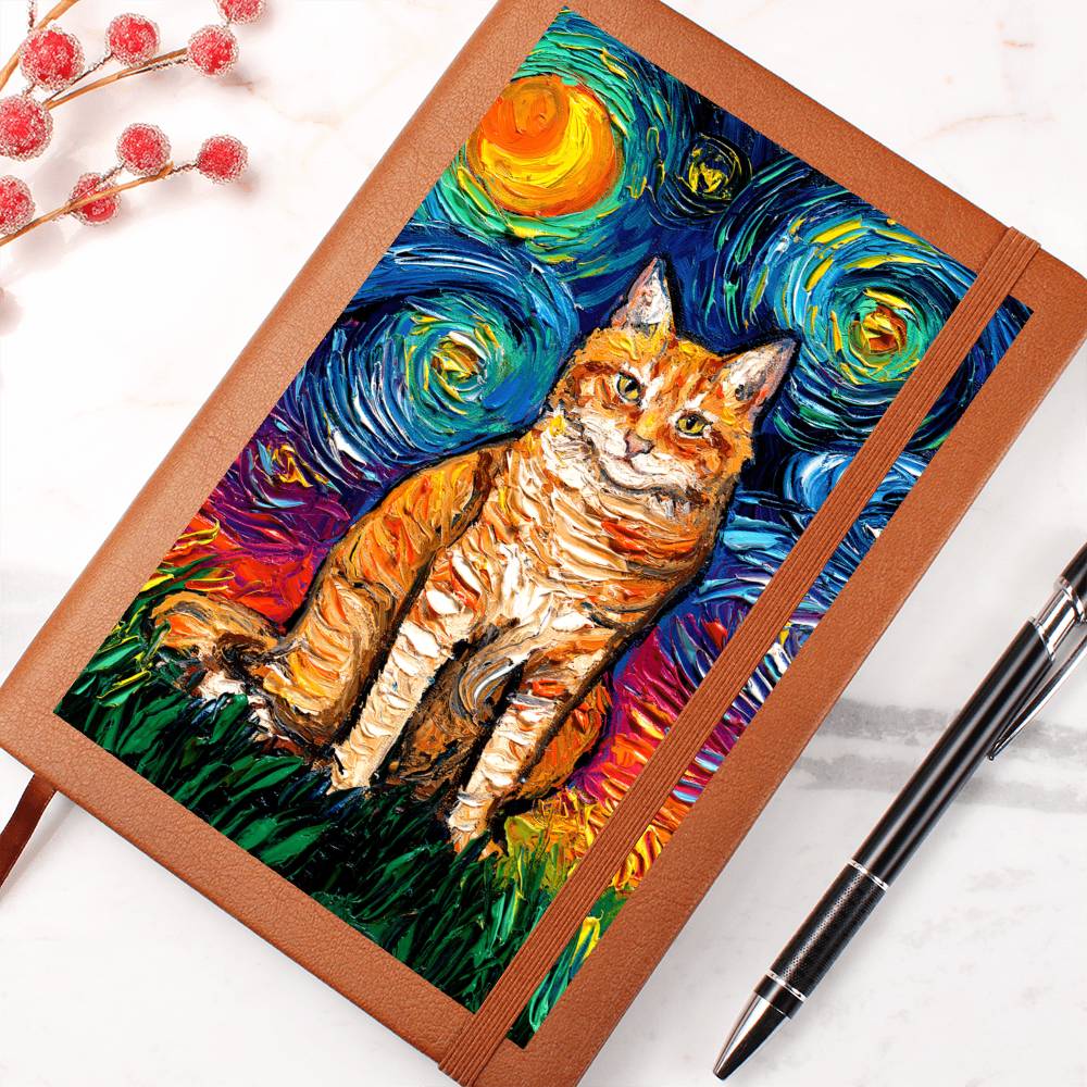 Seated Orange Tabby Starry Night Leather Journal