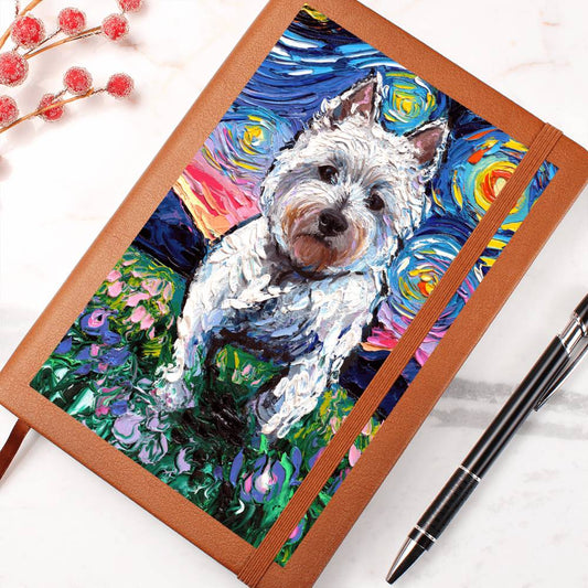Westie and Flowers Starry Night Leather Journal