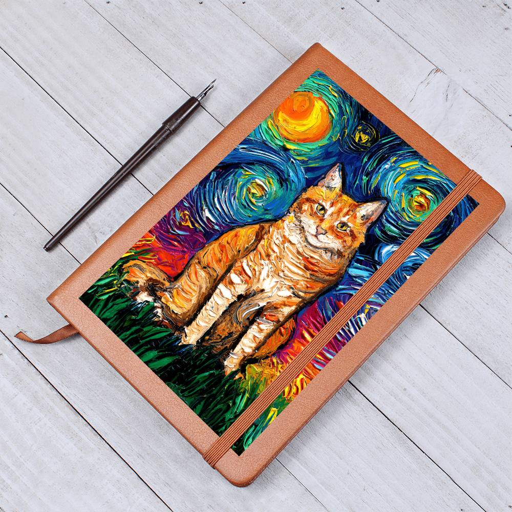 Seated Orange Tabby Starry Night Leather Journal