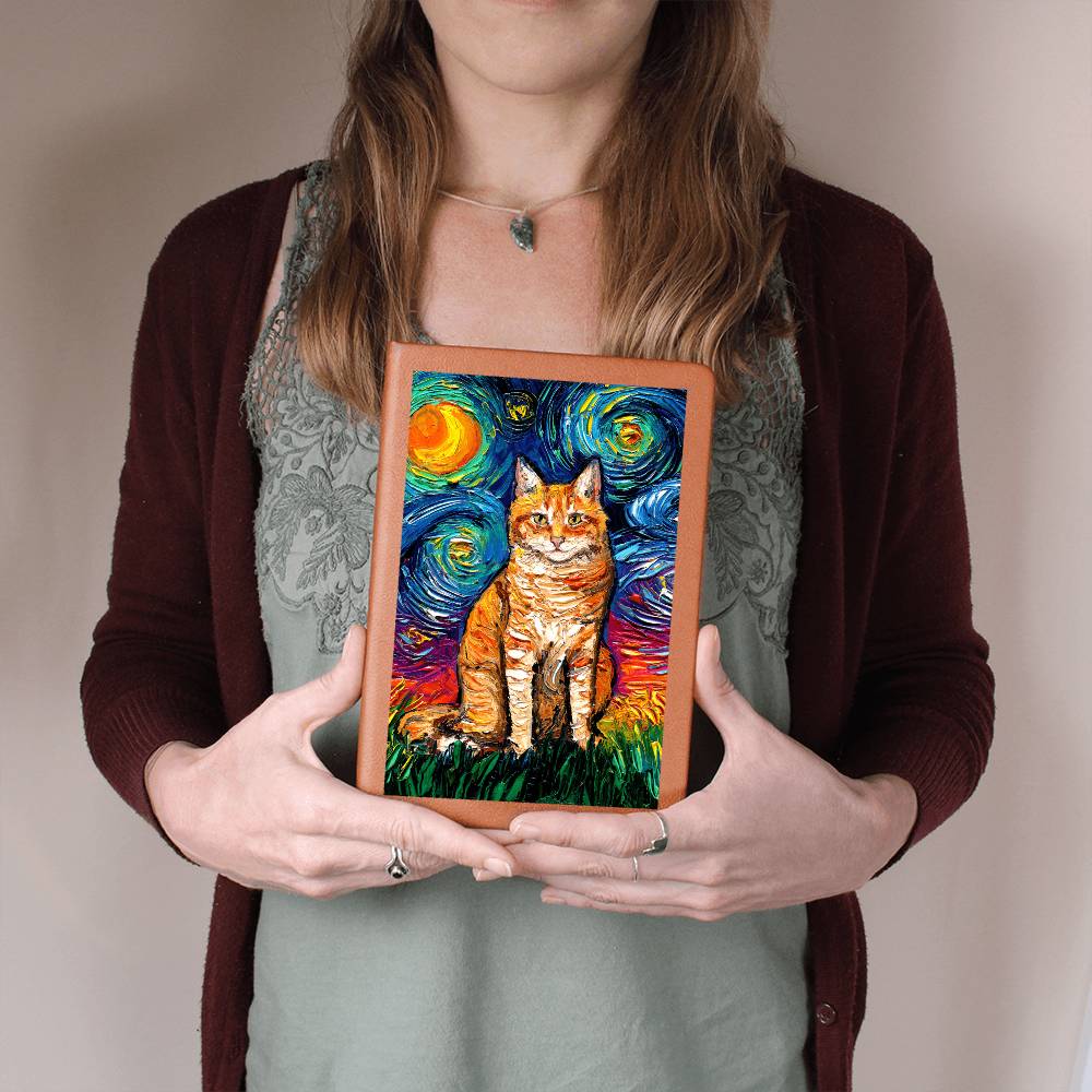 Seated Orange Tabby Starry Night Leather Journal