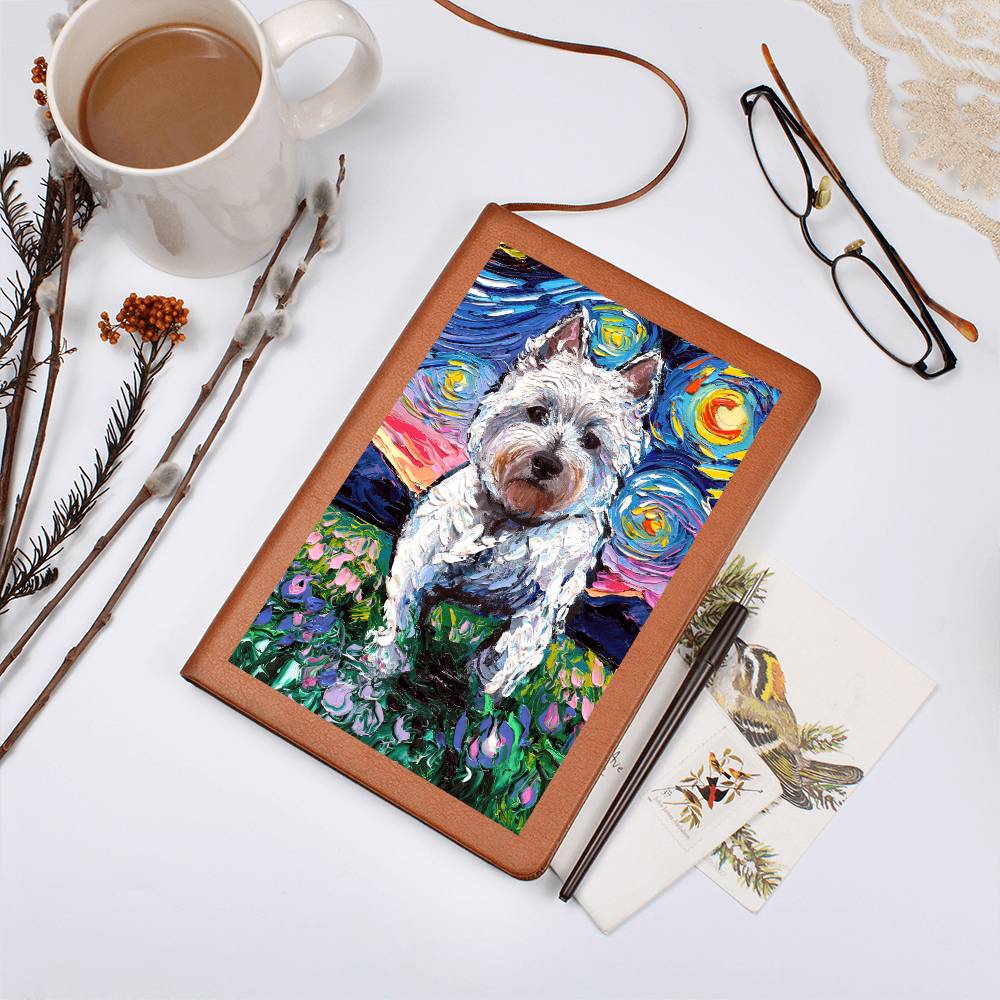 Westie and Flowers Starry Night Leather Journal