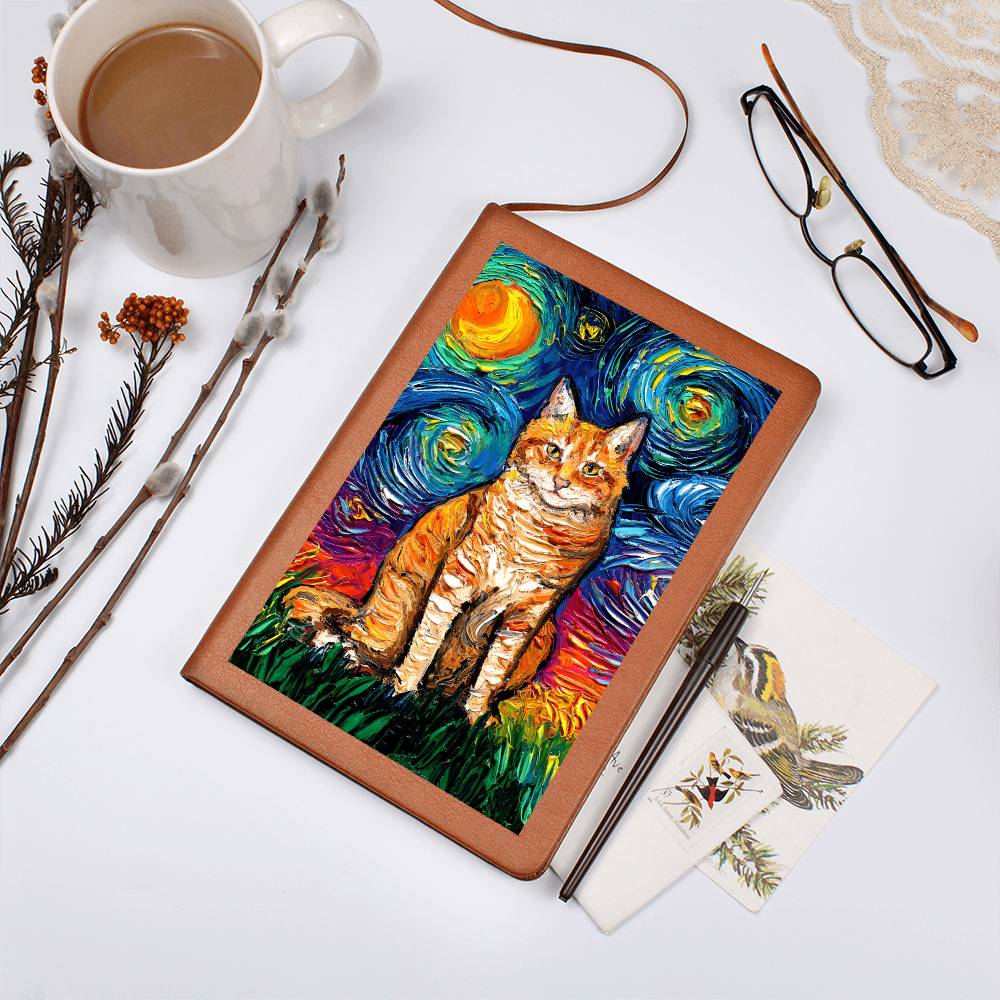 Seated Orange Tabby Starry Night Leather Journal