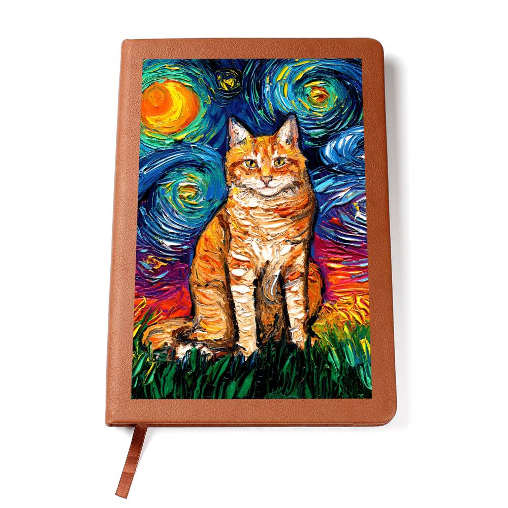 Seated Orange Tabby Starry Night Leather Journal