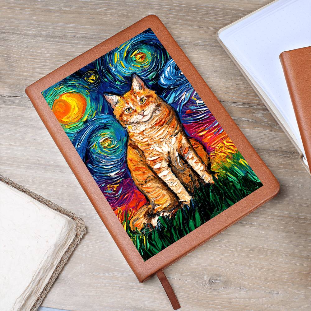 Seated Orange Tabby Starry Night Leather Journal