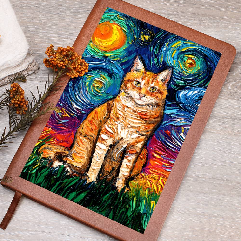Seated Orange Tabby Starry Night Leather Journal