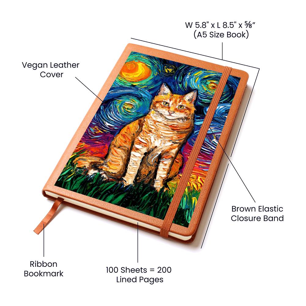 Seated Orange Tabby Starry Night Leather Journal