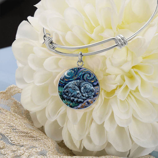 Sleepy Scottish Fold Round Charm Bracelet