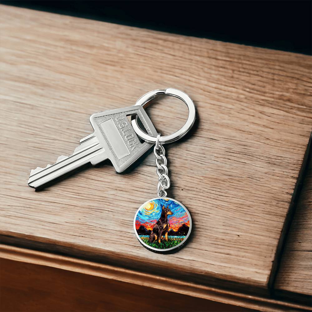 Red Doberman Starry Night Round Keychain