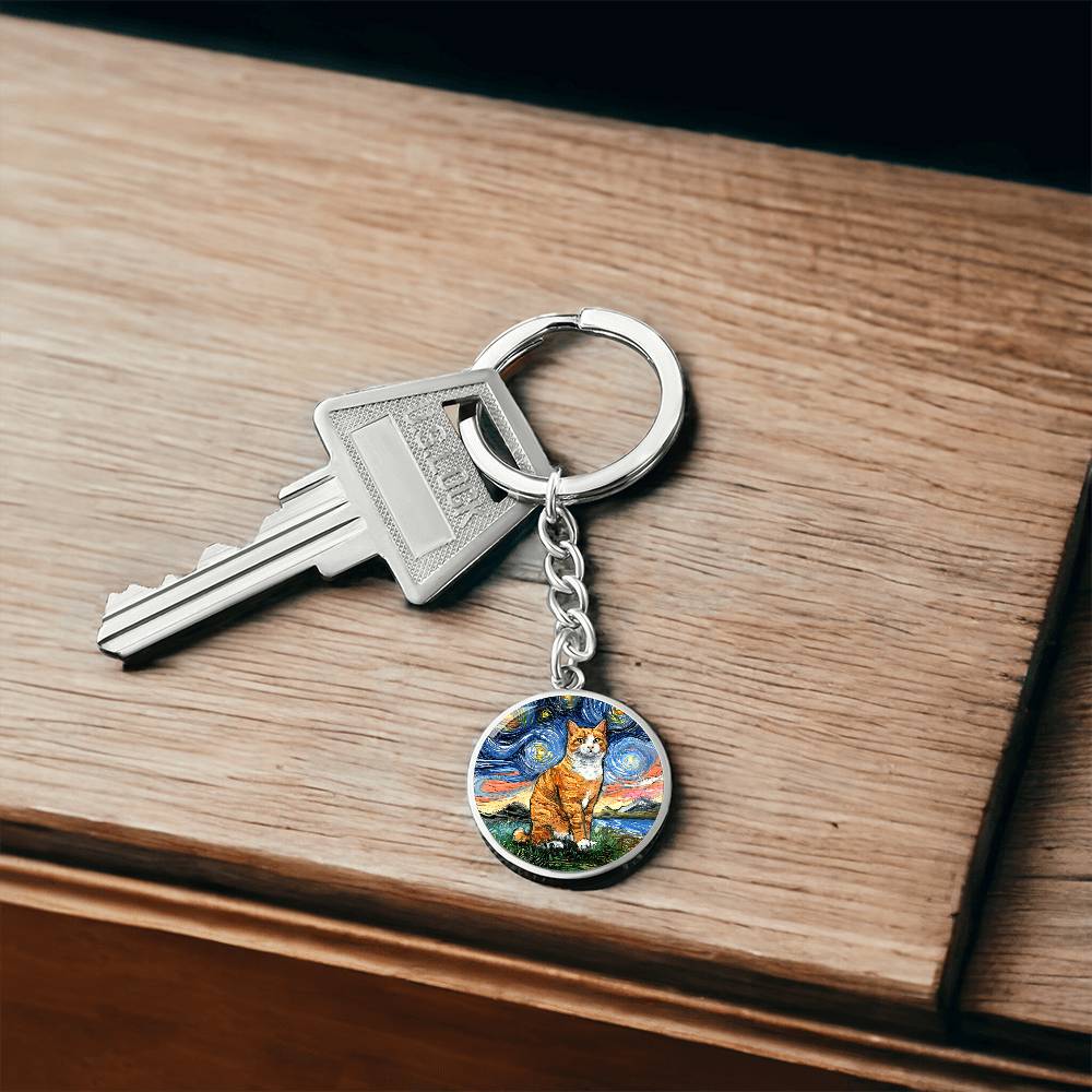 Orange and White Tabby Starry Night Round Keychain