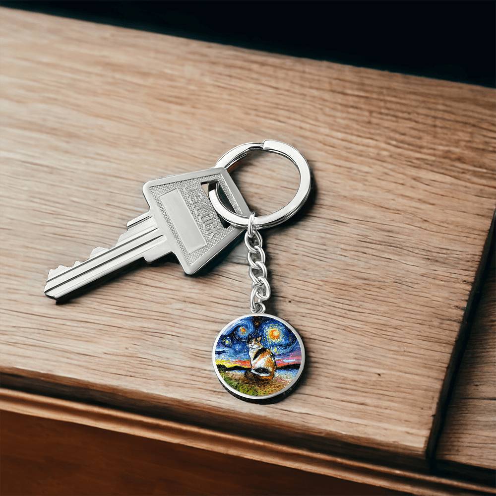 Calico Cat Starry Night Round Keychain